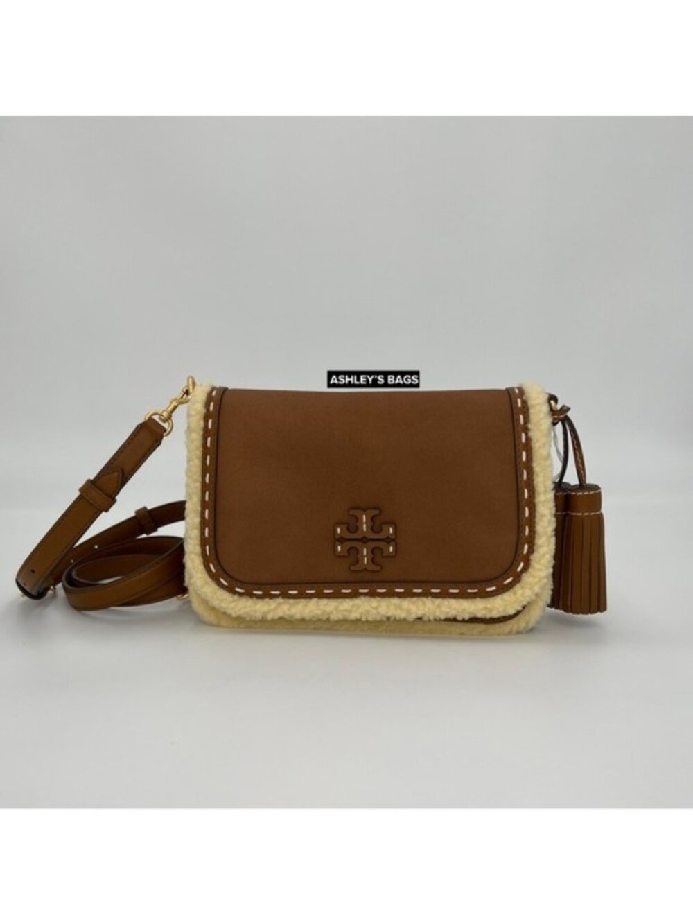 Tory Burch Thea Shearling Flap Crossbody In Moose Brown
